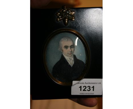 19th Century oval miniature watercolour, half length portrait of a gentleman together with an oval miniature half length port
