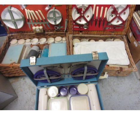 Blue cased picnic set by Sirram and two wicker picnic sets 