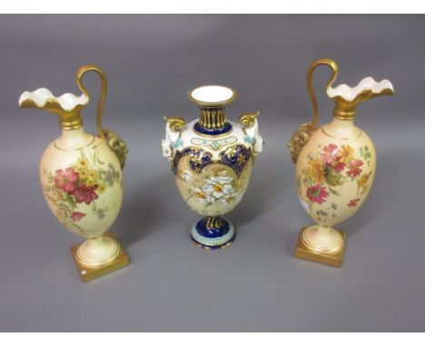 Royal Worcester two handled pedestal vase painted with daffodils within a blue and gilt border, 8.75ins high, together with a