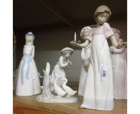 Five various Nao figures of girls and geese and two similar Continental porcelain figures 