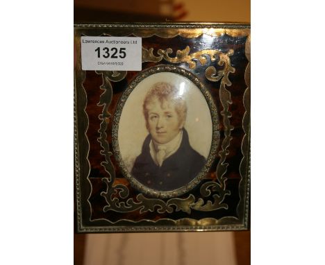 Buhl work miniature portrait frame housing a print of a gentlemanTortoiseshell is lifting slightly but no losses or major dam