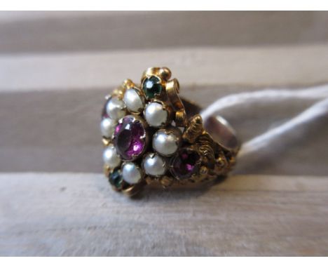 19th Century gold dress ring set amethyst, seed pearls and emeraldsTotal weight is 3gSize M 