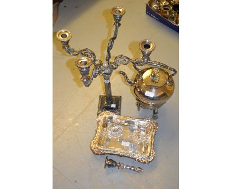 Pair of good quality rectangular plated entree dishes with covers and handles, a plated spirit kettle with stand and burner a