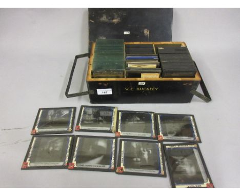 Quantity of black and white magic lantern slides including ' New York Sugar Refinery ' and ' Hollywood Personalities ', house