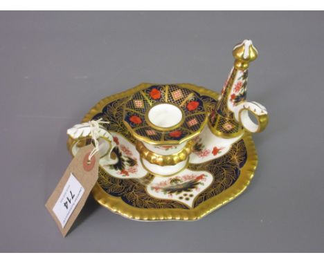 Royal Crown Derby Old Imari pattern chamber candlestick with snufferDamage to handle 