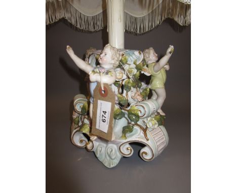 19th Century Sitzendorf figural and floral decorated lamp base (alterations) 