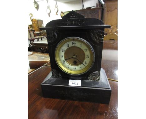 Small 19th Century black slate and flecked marble single train mantel clock, a similar black anodised metal two train mantel 