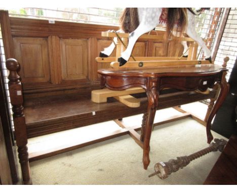 Late 19th / early 20th Century mahogany hall bench having panelled back, raised on turned supports with stretchers, 40ins hig