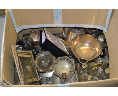 Silver plated hip flask, plated comport and a quantity of various other plated items 