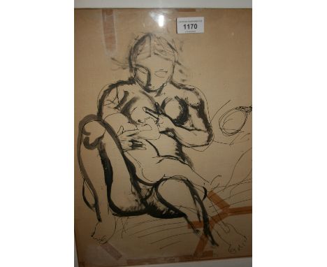 Renato Guttuso, ink sketch of a mother feeding a child, seated (at fault), signed in pencil and dated '54 (tears and repairs)