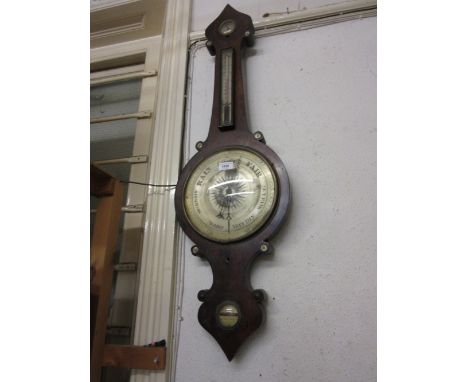 19th Century rosewood banjo shaped wheel barometer, together with a similar mahogany barometer (at fault) 