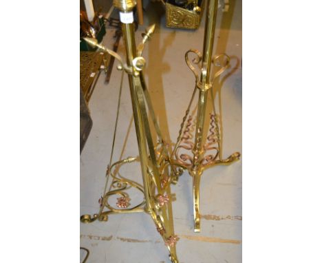 Arts and Crafts brass and copper mounted oil lamp standard adapted for use with electricity, together with another similar 