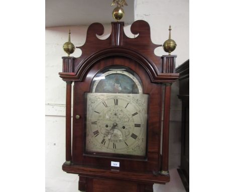 Late George III mahogany longcase clock, the silvered dial with ship automata to the arch, Arabic and Roman numerals, subsidi