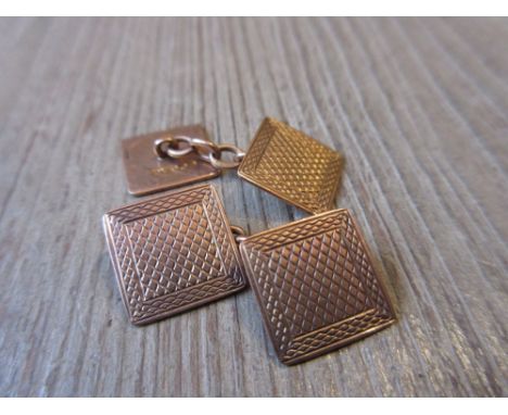 Pair of 9ct gold square cufflinks with engine turned decoration 