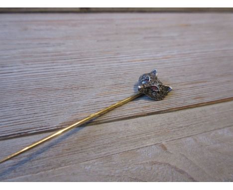 Victorian gold fox head stick pin set diamonds with ruby eyes 