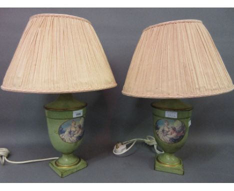 Pair of painted composition baluster form table lamps together with a marble and gilt brass table lamp 