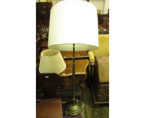 Brass spiral column adjustable standard lamp with shade together with two other shades 