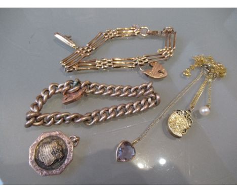 9ct Gold curb link bracelet, 9ct gold gate bracelet, three 9ct gold pendant chains and two other gold mounted pendants42g tot