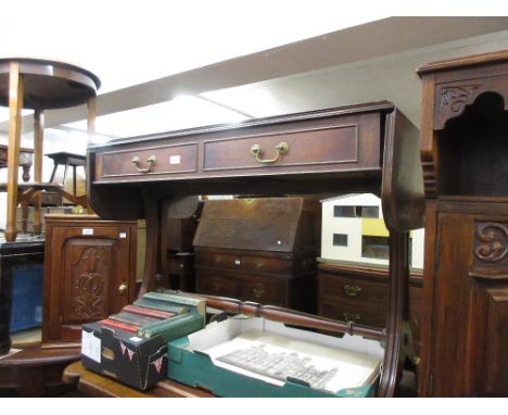 Reproduction mahogany drop-leaf sofa table, reproduction mahogany cheval mirror and a triple section dressing mirror 