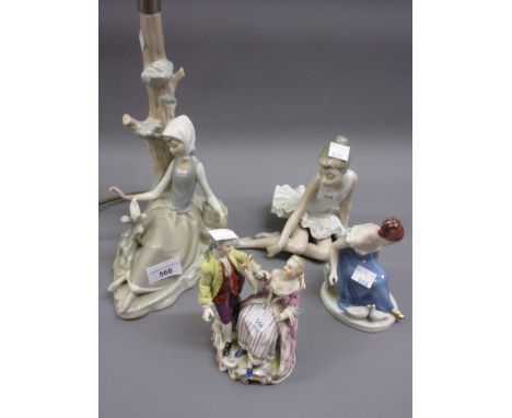 Lladro figural table lamp, a Nao figure of a ballerina, a porcelain group and a Royal Dux porcelain figure of a lady 