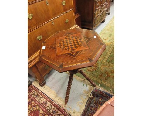 19th Century octagonal gypsy style games table, the top with chessboard and exotic wood inlays, on bobbin turned crossover su