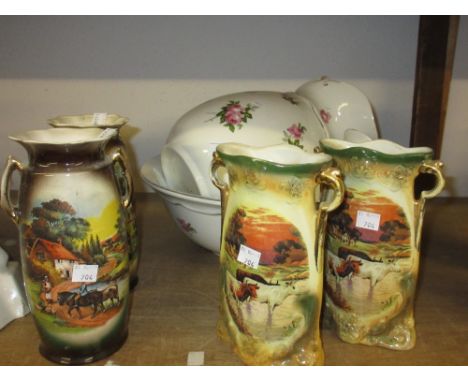 Early 20th Century Pountney pottery jug and basin set, together with two pairs of transfer printed pottery vases 