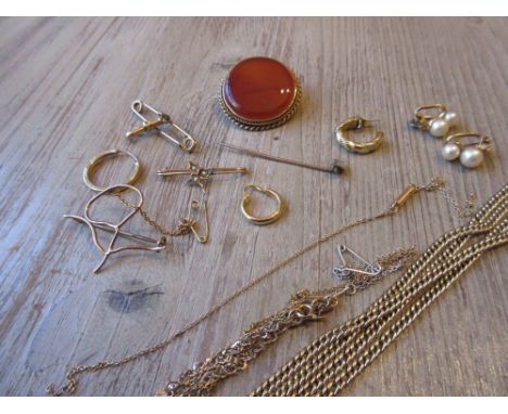 Pair of 9ct gold mounted cultured pearl ear clips, a gilt metal guard chain, two 9ct gold bracelets and sundriesGross weight 