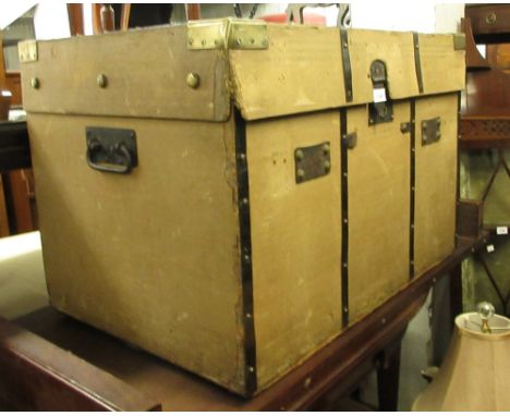 19th Century canvas, brass and metal mounted travelling trunk with hinged cover, 30ins wide 