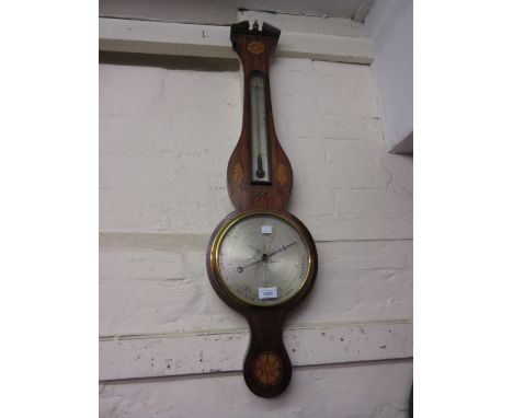 George III mahogany and inlaid banjo shaped wheel barometer, signed Gatty, Holborn, together with a 19th Century rosewood whe