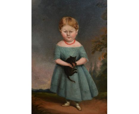 19th Century oil on canvas, full length portrait of a girl holding a black cat, 19.5ins x 15.5ins, gilt framedThe picture has