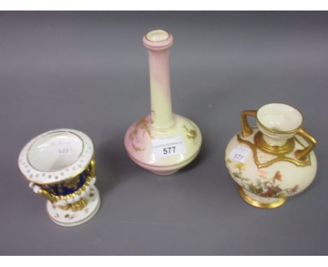 Royal Worcester blush ivory floral decorated vase together with a Royal Worcester narrow neck vase and a 19th Century Bloor D