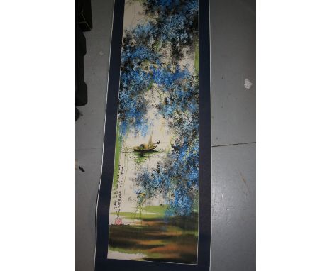 Group of four boxed Chinese scroll pictures and a set of four painted wall hangingsAll in good condition 