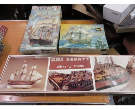 Billing Boats wooden scale model construction kit, HMS Bounty, together with two other plastic construction kits of Discovery