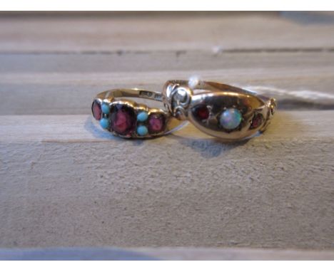 Yellow gold half hoop ring set amethyst and turquoise, together with a 9ct gold dress ring set garnets and an opal 