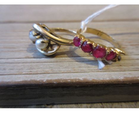 10ct Gold ring set cultured pearl and moonstone (at fault) together with a ruby half hoop ring (at fault)Largest ruby is appr