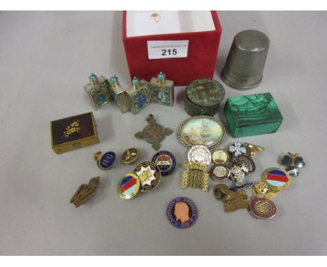 Enamelled French five centime coin, miscellaneous enamel badges, brooch inset with a portrait miniature, small malachite box 