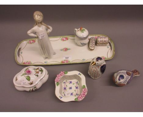Herend porcelain box and cover decorated with birds and insects, similar lattice work dish, a Continental cup and cover, two 