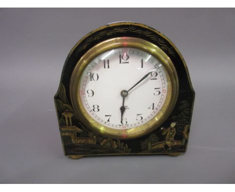 Small early 20th Century black chinoiserie lacquer mantel clockIt is ticking but no guarantees as to how long it would run fo