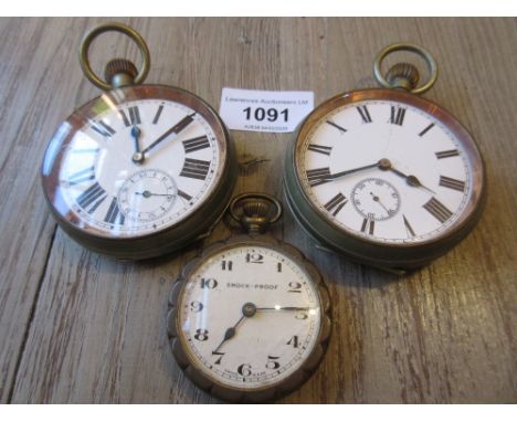 Two large open face silver plated pocket watches, having enamel dials with subsidiary seconds and Roman numerals (one dial wi
