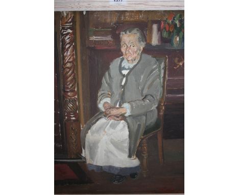 Margaret Dorothy Nicholson monogrammed oil on canvas, portrait of a seated lady (1936 R.A. Exhibition label verso), 19.5ins x