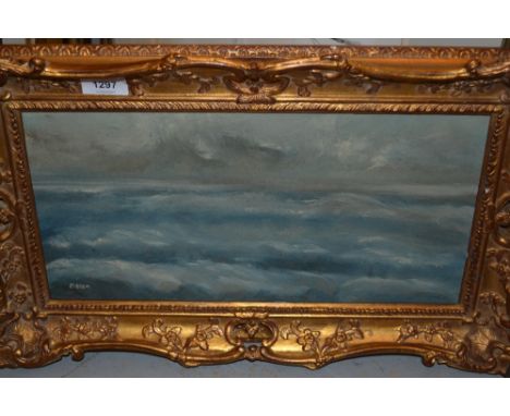 Oil on board, seascape with gathering storm clouds, signed, Olsson, ornate gilt framed, 8ins x 15.5insPainted on grey/brown c