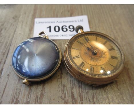 Longines 14ct gold cased and enamel decorated fob watch (at fault), together with a Continental 9ct gold cased fob watch (at 