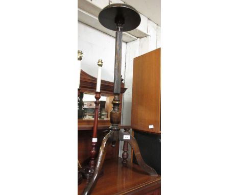 Oak fluted column jardiniere stand on tripod support 