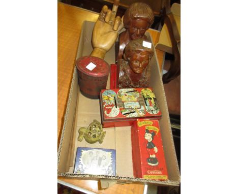 Tin plate Post Office money box, pair of wooden bookends, boxed Mickey Mouse toilet soap (at fault) and miscellaneous other i