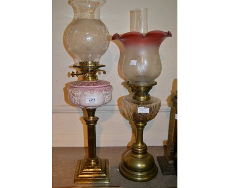 Two Victorian brass and coloured glass oil lamps with etched shades and a similar small lampGlass oil bowl lamp is in good co