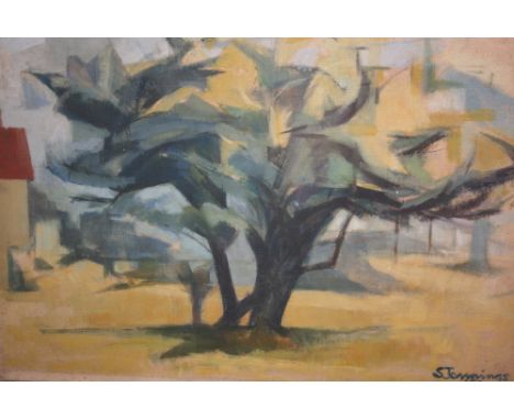 Folder containing three unframed oils, abstract tree study signed S. Jennings (Stuart Jennings), dated '58 and female nude st