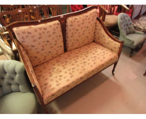 Edwardian mahogany floral and line inlaid two seat sofa (at fault), 48ins wide x 22ins deep x 39ins high 