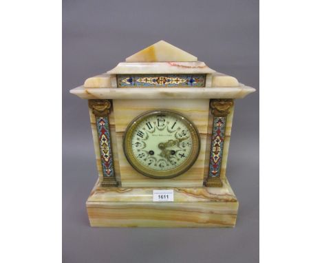 19th Century onyx and champleve enamel decorated mantel clock, the swag painted dial with Arabic numerals inscribed Bailey, B