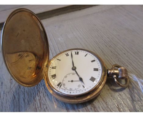 Early 20th Century 9ct gold hunter cased crown wind pocket watch, the enamel dial with Roman numerals and subsidiary seconds4