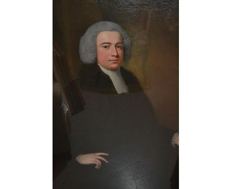 Large 18th Century English school oil on canvas, half length portrait of a bewigged rector, glazed in a gilt slip frame, 49in